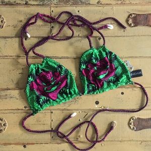 INDAH DESIGNER SWIM RARE STRETCH FLORAL PATTERN STRING BIKINI TOP L